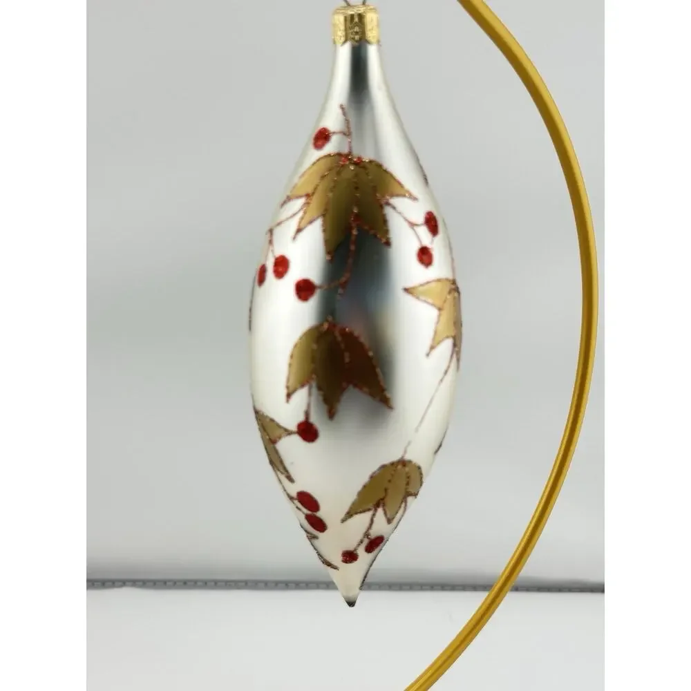 Vintage Hand Blown Glass Christmas Ornament Silver w/ Gold Leaves Berries 7" - Picture 2 of 5